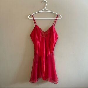 Vintage Linda Bis Montreal Red Lace Trim Satin & Chiffon Chemise – Medium EUC